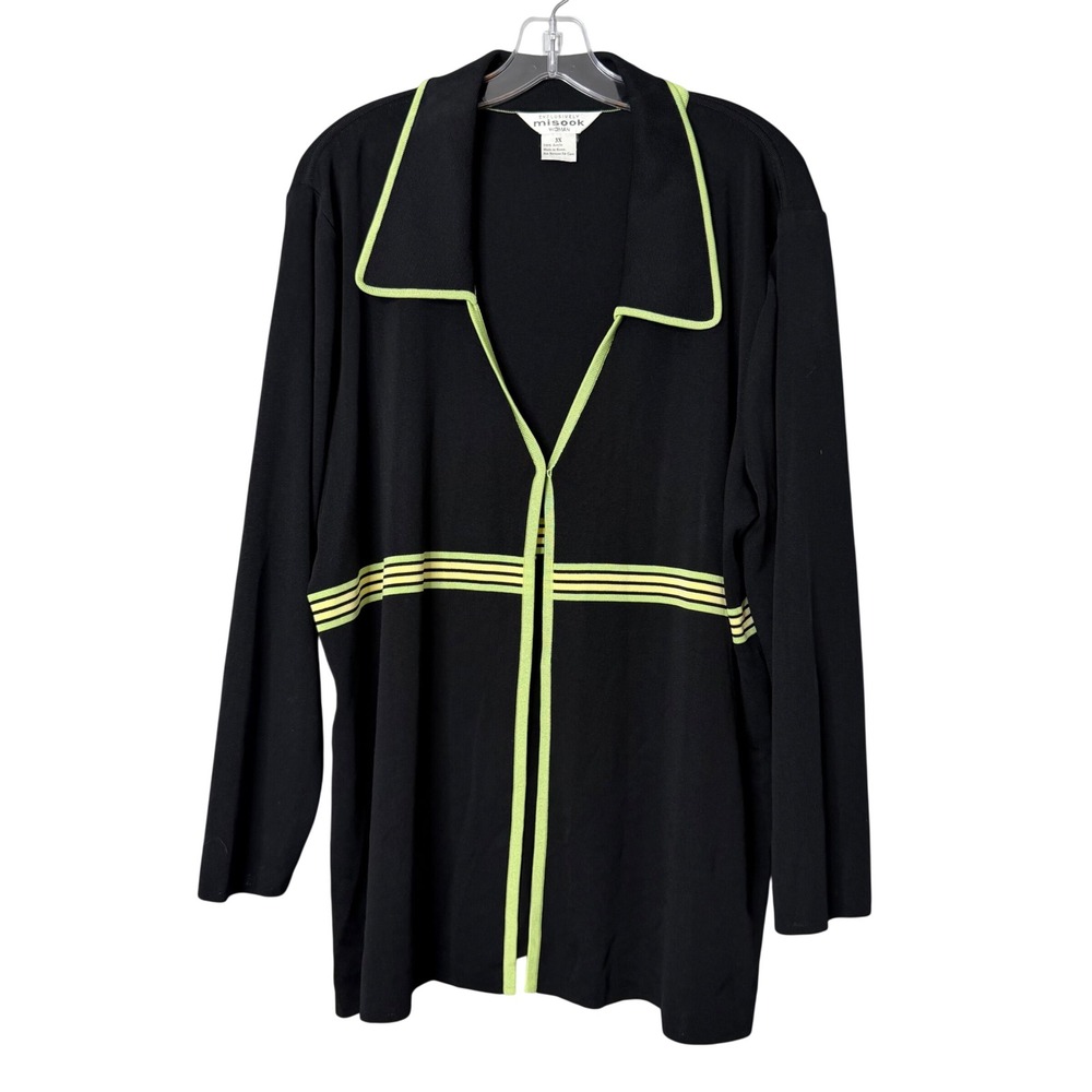 Misook Woman Cardigan Sweater Womens 3X Black Lime Green Slinky Knit Stripe